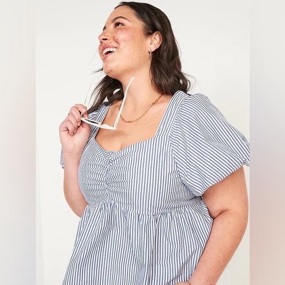 Plus Sized Puff-Sleeve Striped Ruched Smocked Babydoll Swing Blouse - Picture 2 of 8